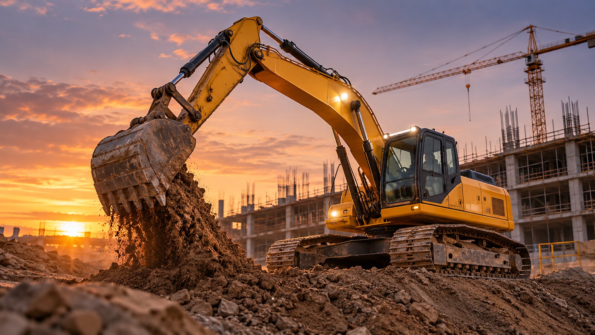 Crawler excavator working an active construction site at dusk