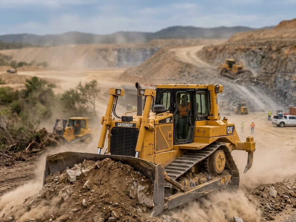 Crawler dozer moving rock on a large earthworks site