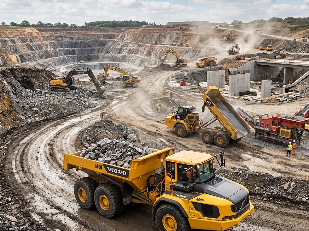 Articulated haul trucks working a quarry with excavators and a processing plant