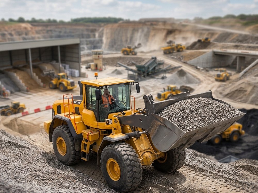 Wheel loader handling aggregate at a quarry processing plant