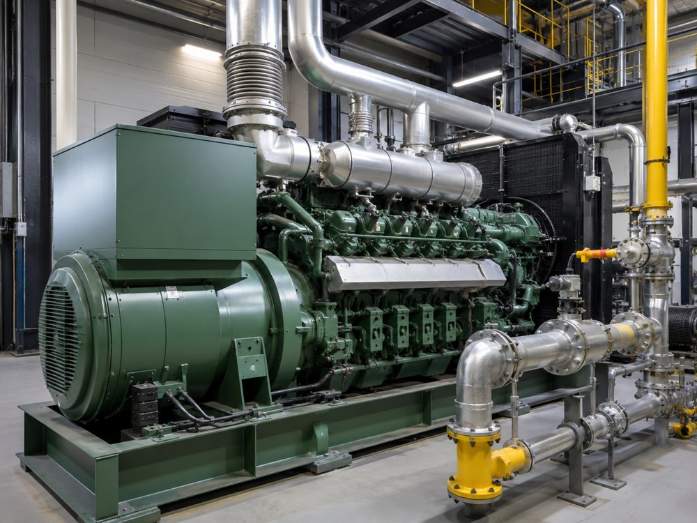 Industrial generator set installed in a plant room with pipework and controls